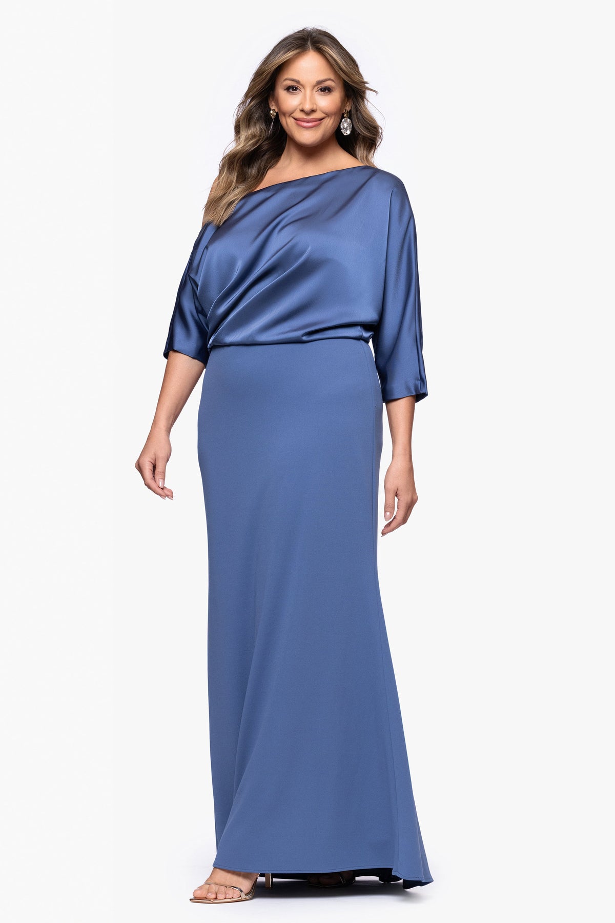 Betsy & Adam Plus "Ana" Scuba Crepe & Satin Drop Shoulder Dress - Slate