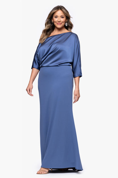 Betsy & Adam Plus "Ana" Scuba Crepe & Satin Drop Shoulder Dress - Slate