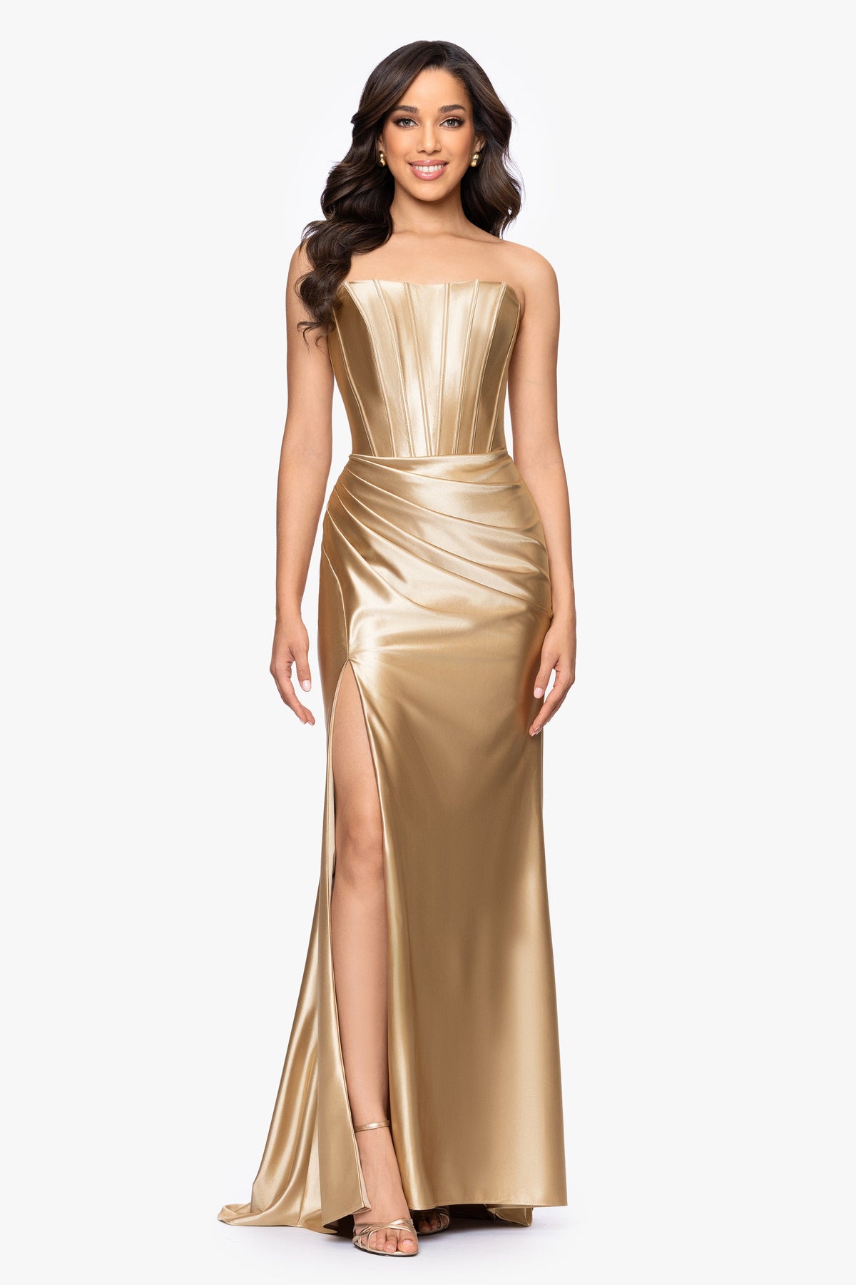 Betsy & Adam "Noelle" Satin Strapless Corset Dress - Gold