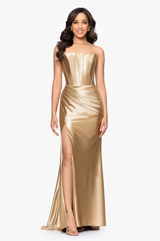Betsy & Adam "Noelle" Satin Strapless Corset Dress - Gold