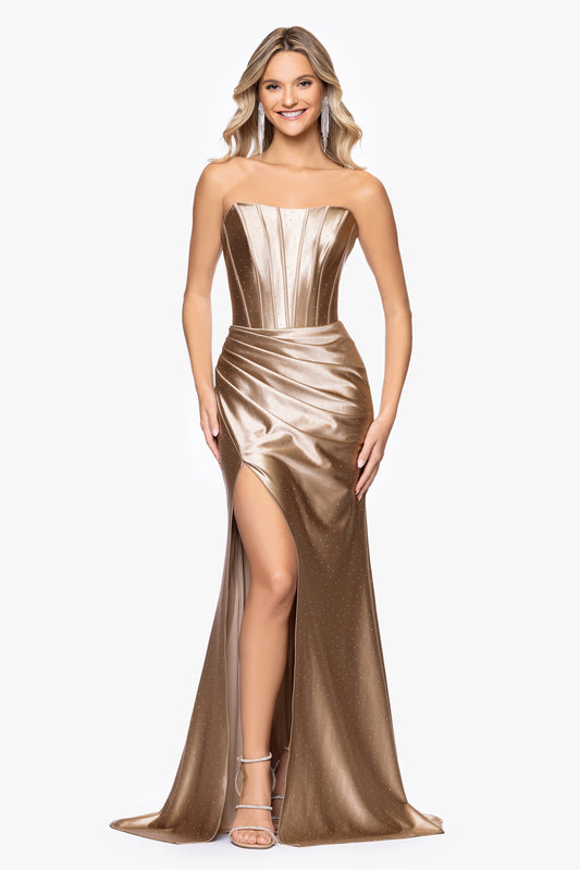 Betsy & Adam "Kenya" Satin Strapless Corset Dress - Taupe