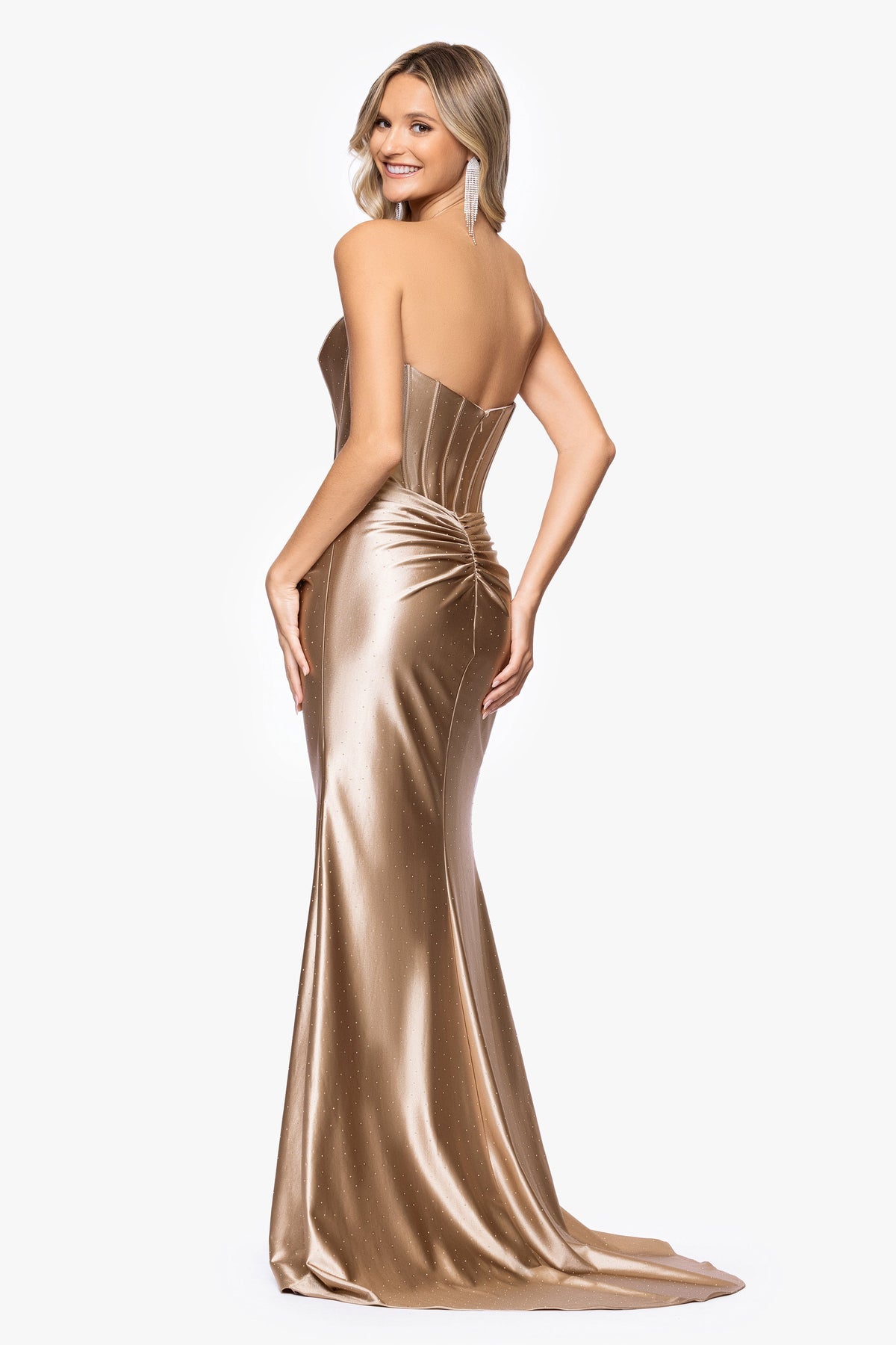 Betsy & Adam "Kenya" Satin Strapless Corset Dress - Taupe
