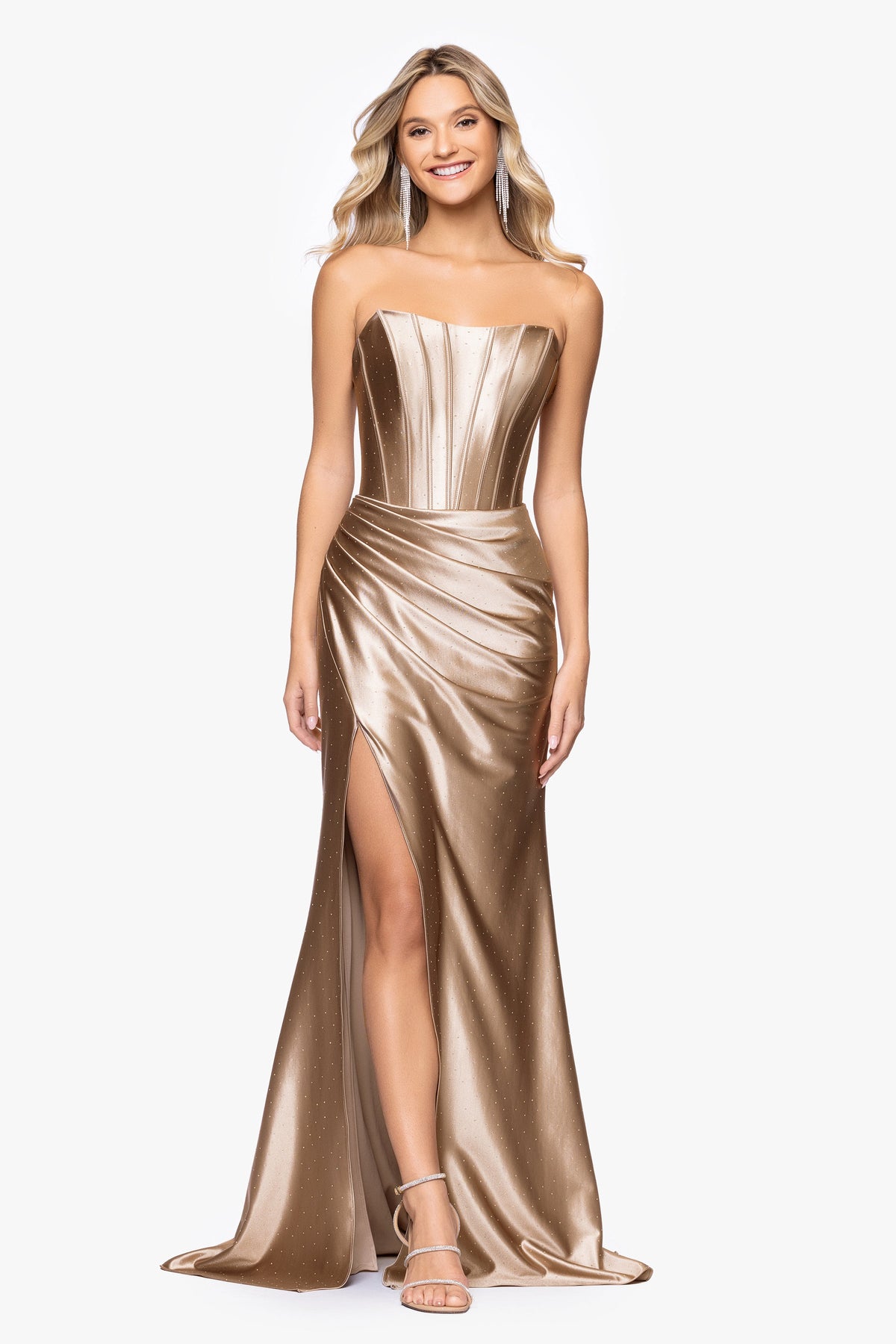 Betsy & Adam "Kenya" Satin Strapless Corset Dress - Taupe