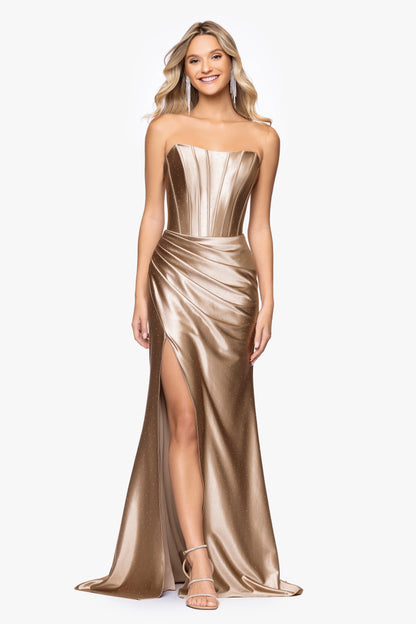 Betsy & Adam "Kenya" Satin Strapless Corset Dress - Taupe