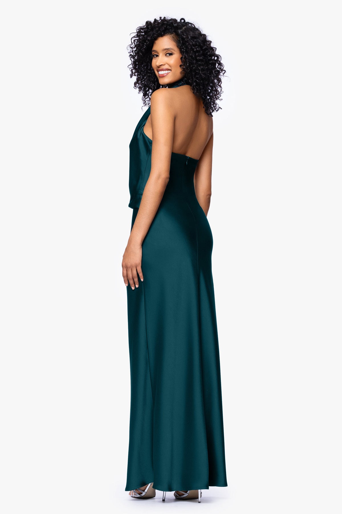Betsy & Adam "Erica" Satin Halter Dress - Pine