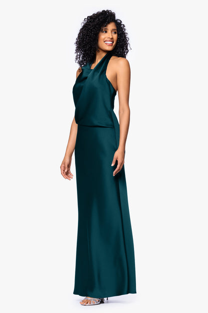 Betsy & Adam "Erica" Satin Halter Dress - Pine