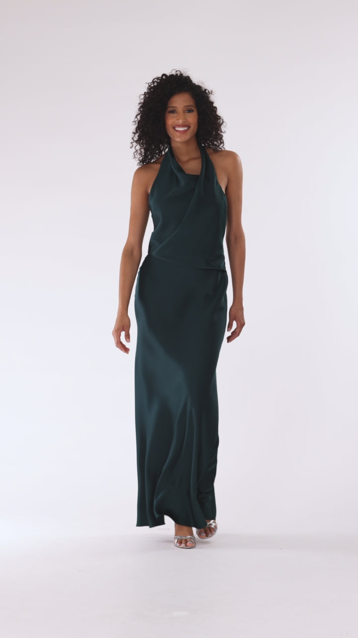 Betsy & Adam "Erica" Satin Halter Dress - Pine