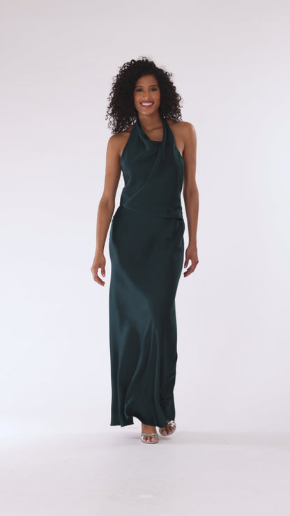 Betsy & Adam "Erica" Satin Halter Dress - Pine