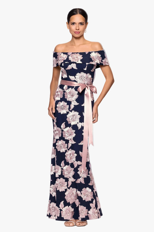 Betsy & Adam "Georgette" Soutache Off The Shoulder Ribbon Dress - Navy/Rose