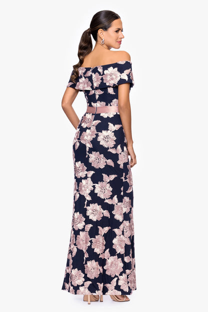 Betsy & Adam "Georgette" Soutache Off The Shoulder Ribbon Dress - Navy/Rose