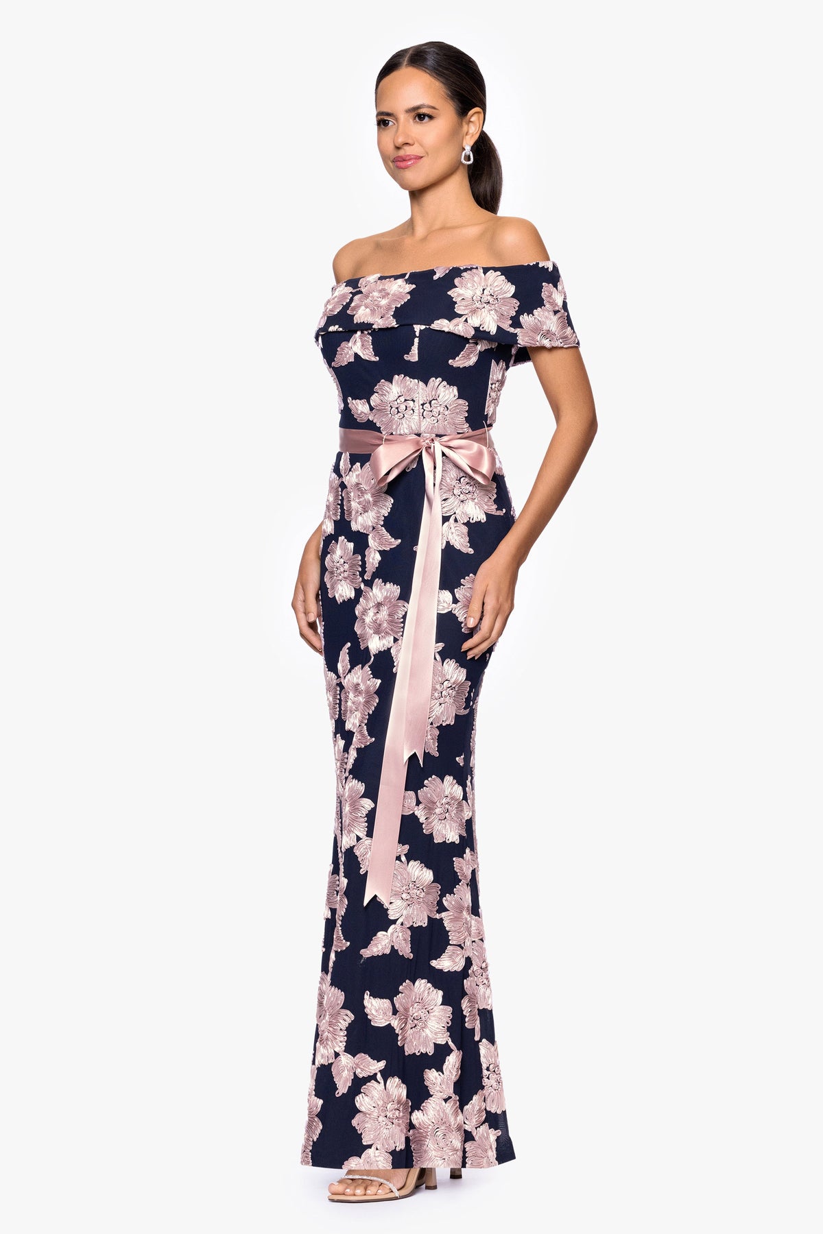 Betsy & Adam "Georgette" Soutache Off The Shoulder Ribbon Dress - Navy/Rose