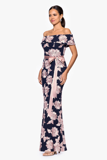 Betsy & Adam "Georgette" Soutache Off The Shoulder Ribbon Dress - Navy/Rose