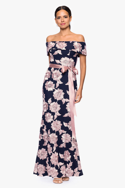 Betsy & Adam "Georgette" Soutache Off The Shoulder Ribbon Dress - Navy/Rose