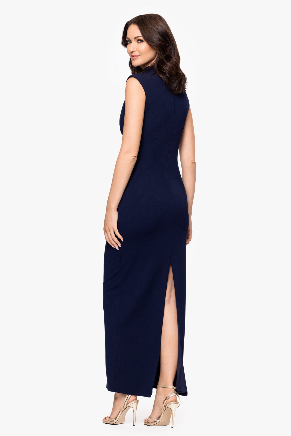 Betsy & Adam “Katalina” Scuba Crepe Ruched Mock Neck Dress - Navy