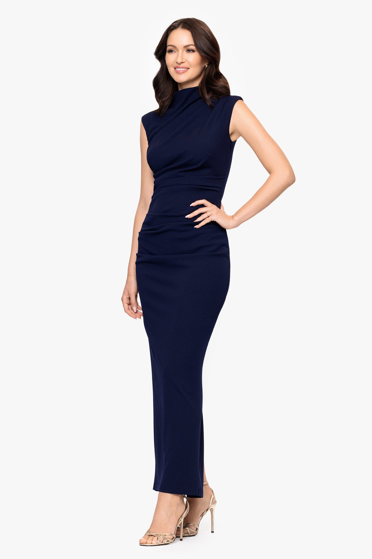Betsy & Adam “Katalina” Scuba Crepe Ruched Mock Neck Dress - Navy