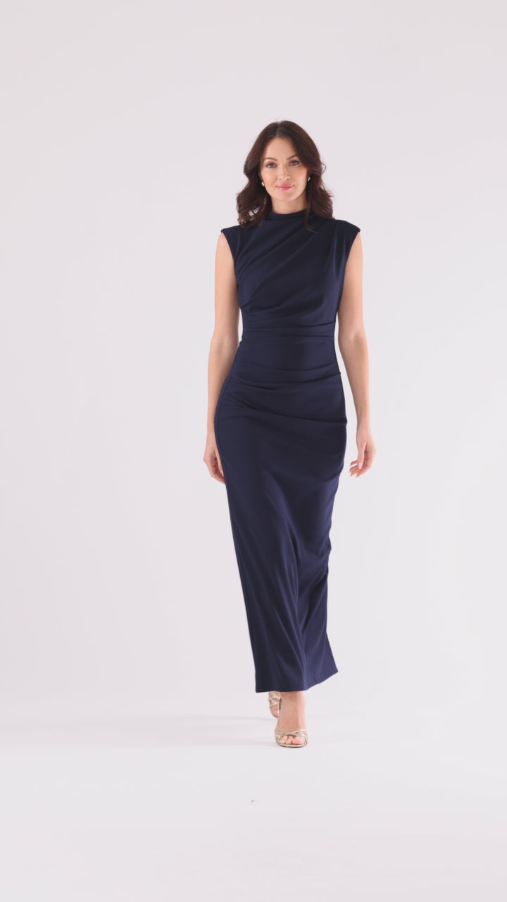 Betsy & Adam “Katalina” Scuba Crepe Ruched Mock Neck Dress - Navy