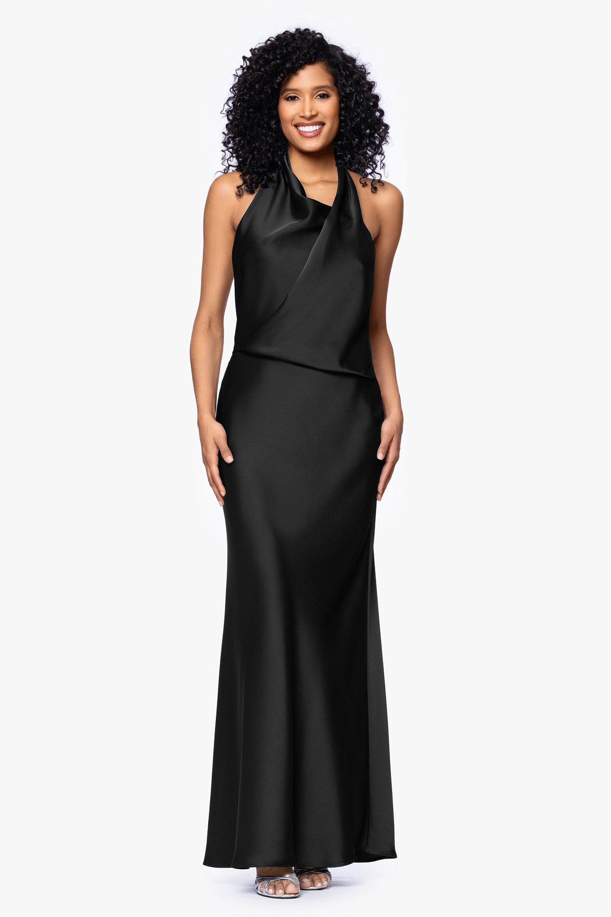 Betsy & Adam "Erica" Satin Halter Dress - Black