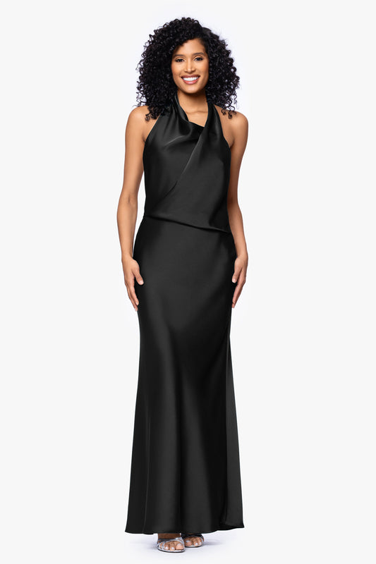 Betsy & Adam "Erica" Satin Halter Dress - Black