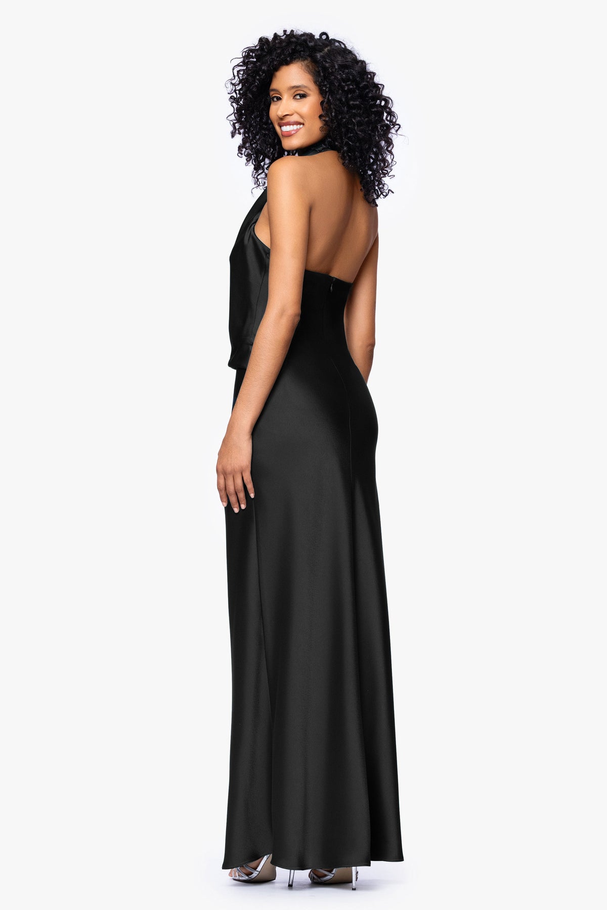 Betsy & Adam "Erica" Satin Halter Dress - Black