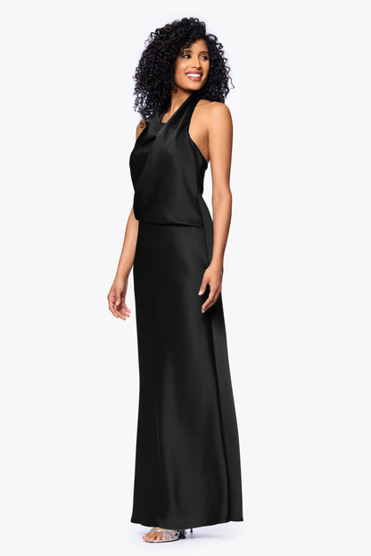Betsy & Adam "Erica" Satin Halter Dress - Black