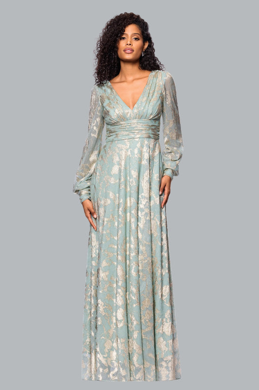 Betsy & Adam "Melanie" Metallic Knit V-Neck Long Sleeve Dress - Sage/Gold
