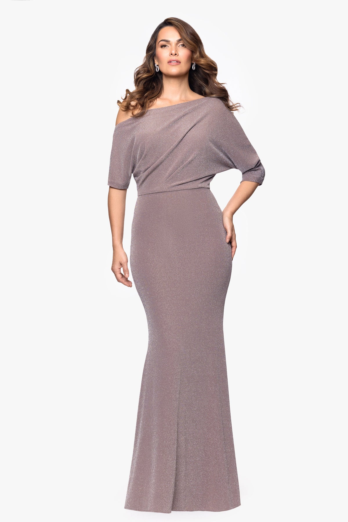 Betsy & Adam "Trina" Metallic Knit Drop Shoulder Dress - Taupe/Silver