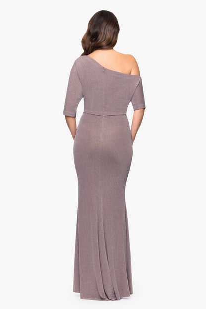 Betsy & Adam "Trina" Metallic Knit Drop Shoulder Dress - Taupe/Silver
