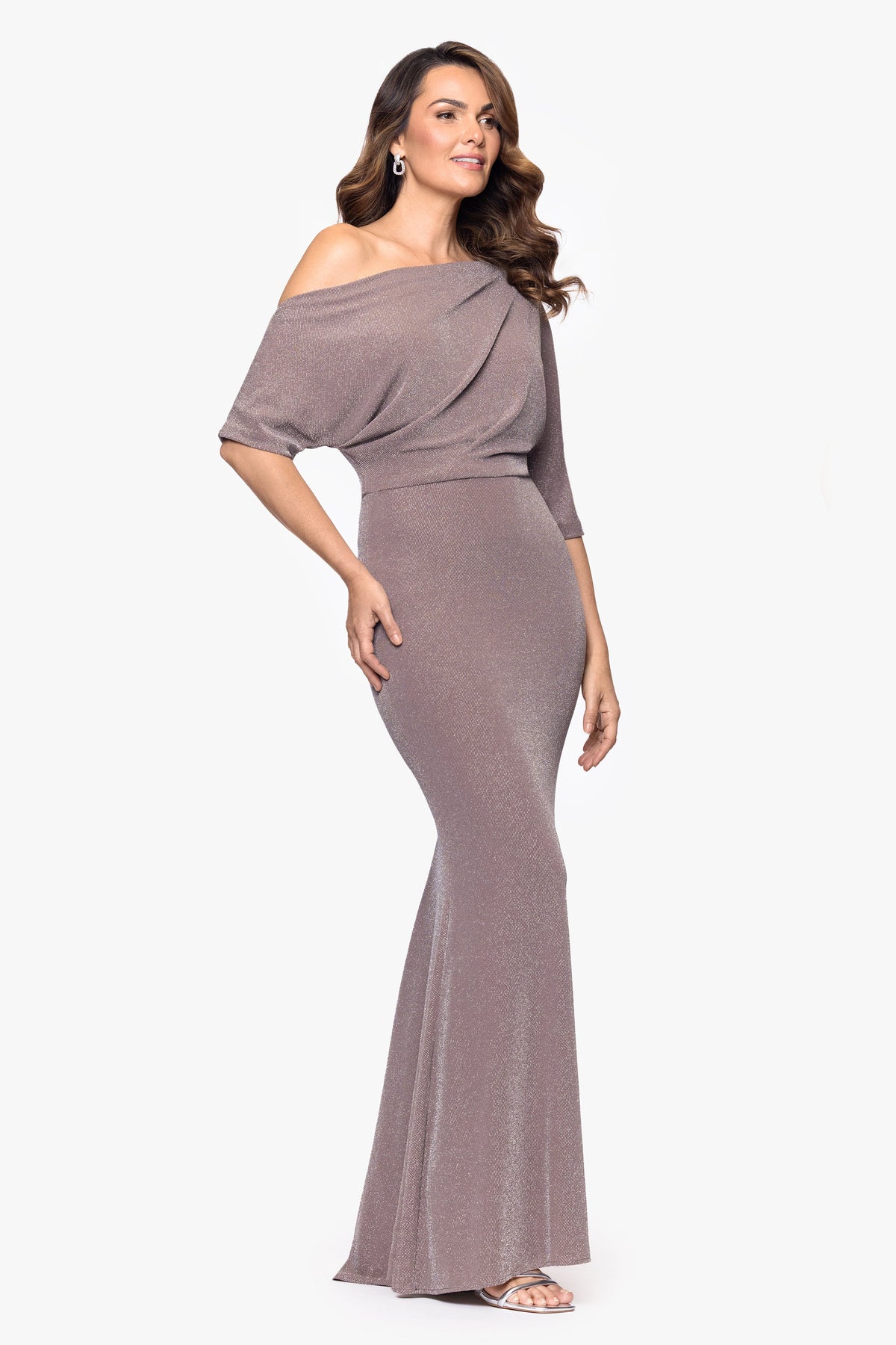 Betsy & Adam "Trina" Metallic Knit Drop Shoulder Dress - Taupe/Silver