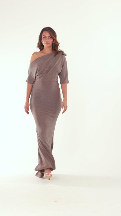 Betsy & Adam "Trina" Metallic Knit Drop Shoulder Dress - Taupe/Silver