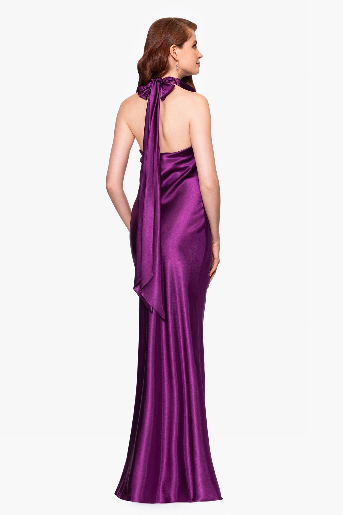 Betsy & Adam "Shannon" Satin Halter Necktie Dress - Plum
