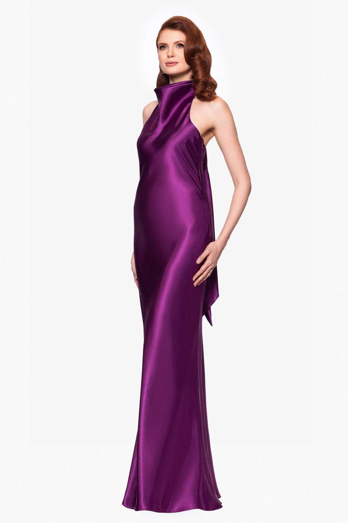 Betsy & Adam "Shannon" Satin Halter Necktie Dress - Plum