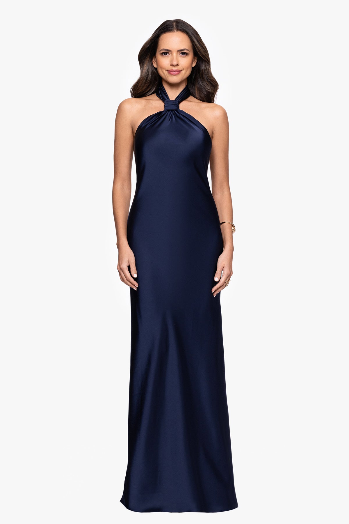 Betsy & Adam "Esmerelda" Satin Double Knotted Halter Neck Dress - Navy