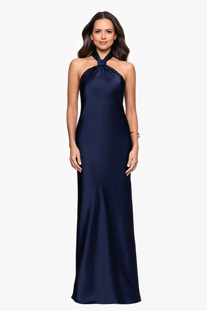 Betsy & Adam "Esmerelda" Satin Double Knotted Halter Neck Dress - Navy