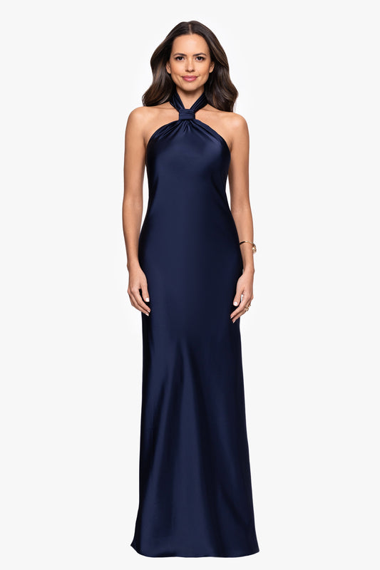 Betsy & Adam "Esmerelda" Satin Double Knotted Halter Neck Dress - Navy