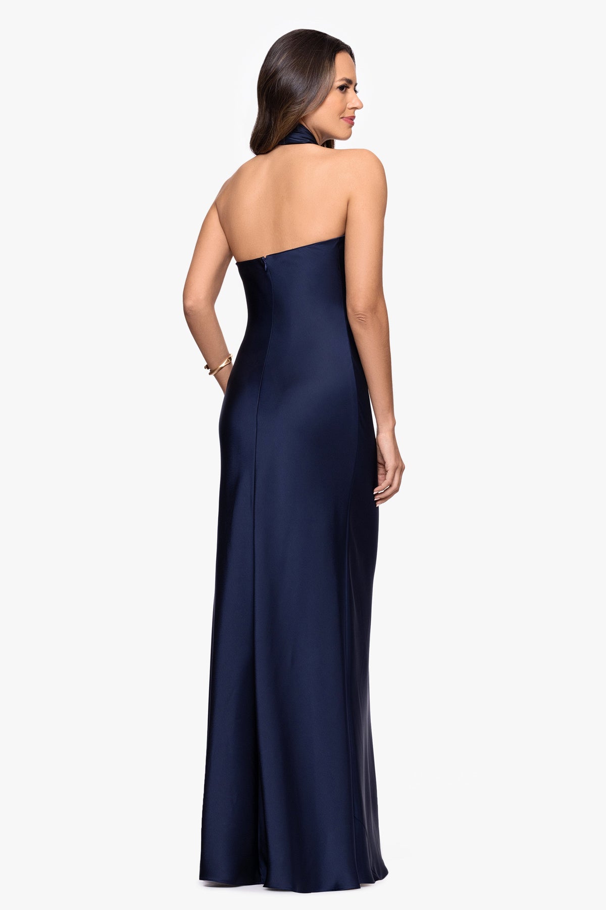 Betsy & Adam "Esmerelda" Satin Double Knotted Halter Neck Dress - Navy