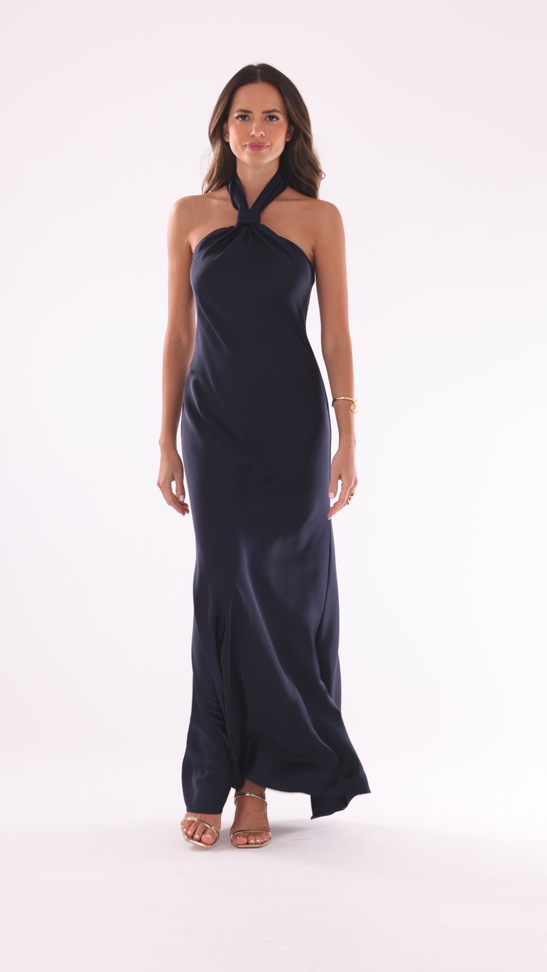 Betsy & Adam "Esmerelda" Satin Double Knotted Halter Neck Dress - Navy