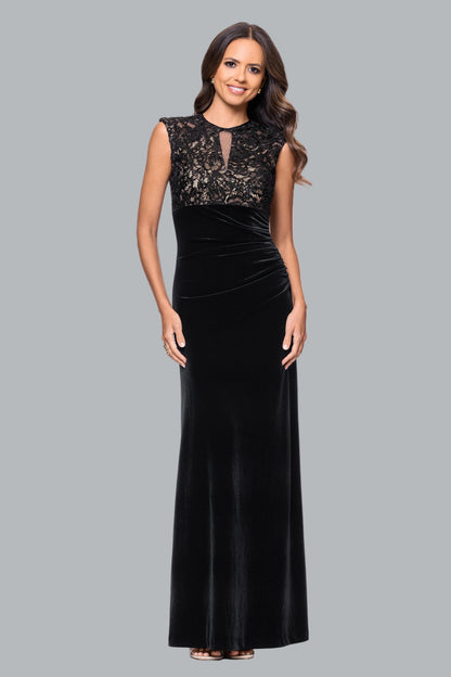 Betsy & Adam "Maylin" Lace Bodice & Velvet Skirt Dress - Black/Nude