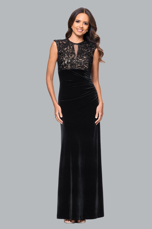 Betsy & Adam "Maylin" Lace Bodice & Velvet Skirt Dress - Black/Nude