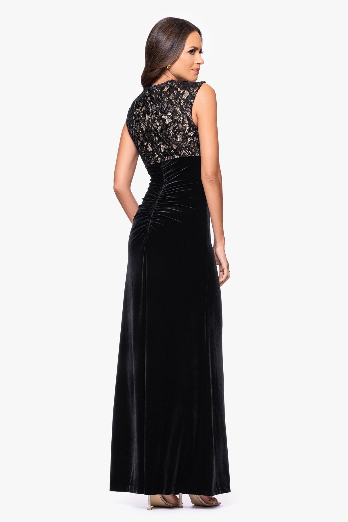 Betsy & Adam "Maylin" Lace Bodice & Velvet Skirt Dress - Black/Nude