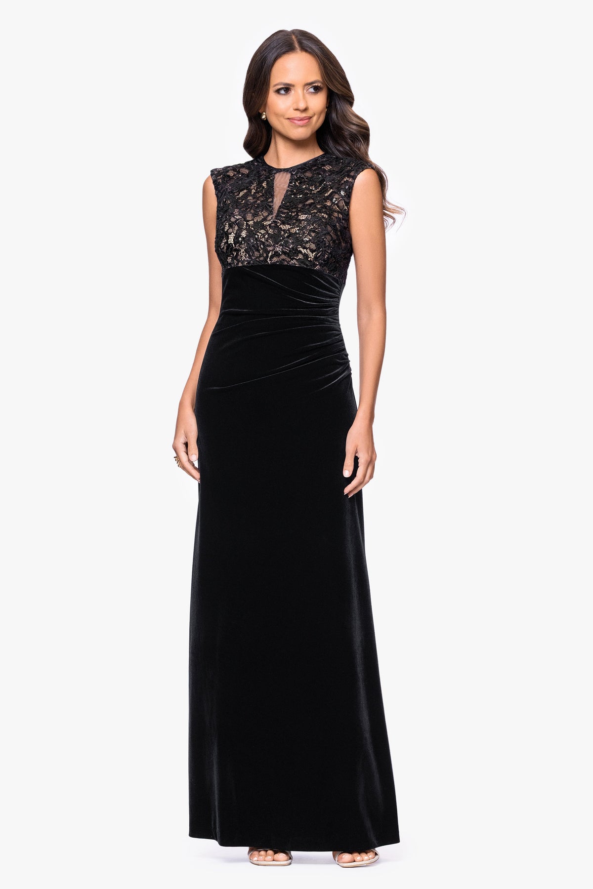 Betsy & Adam "Maylin" Lace Bodice & Velvet Skirt Dress - Black/Nude