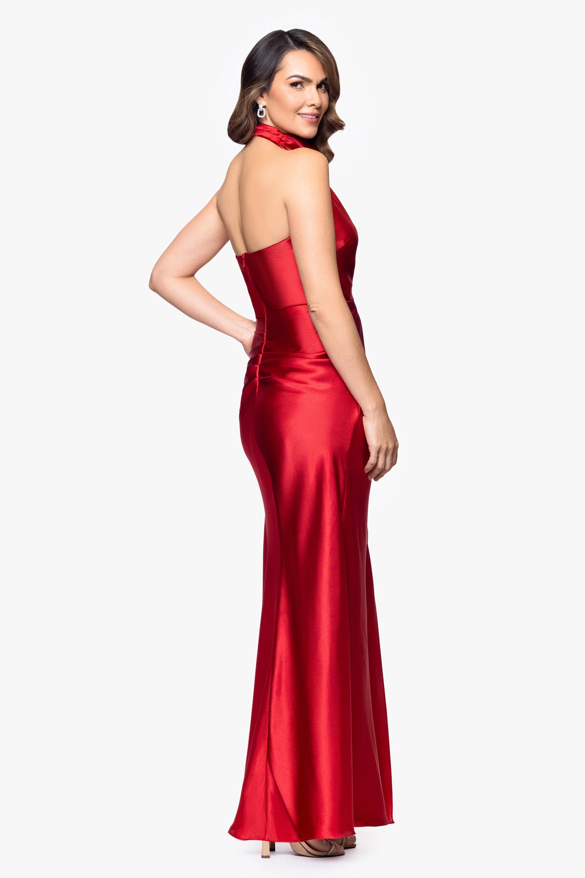 Betsy & Adam "Antonia" Satin Cowl Halter Neck Ruched Dress - Red