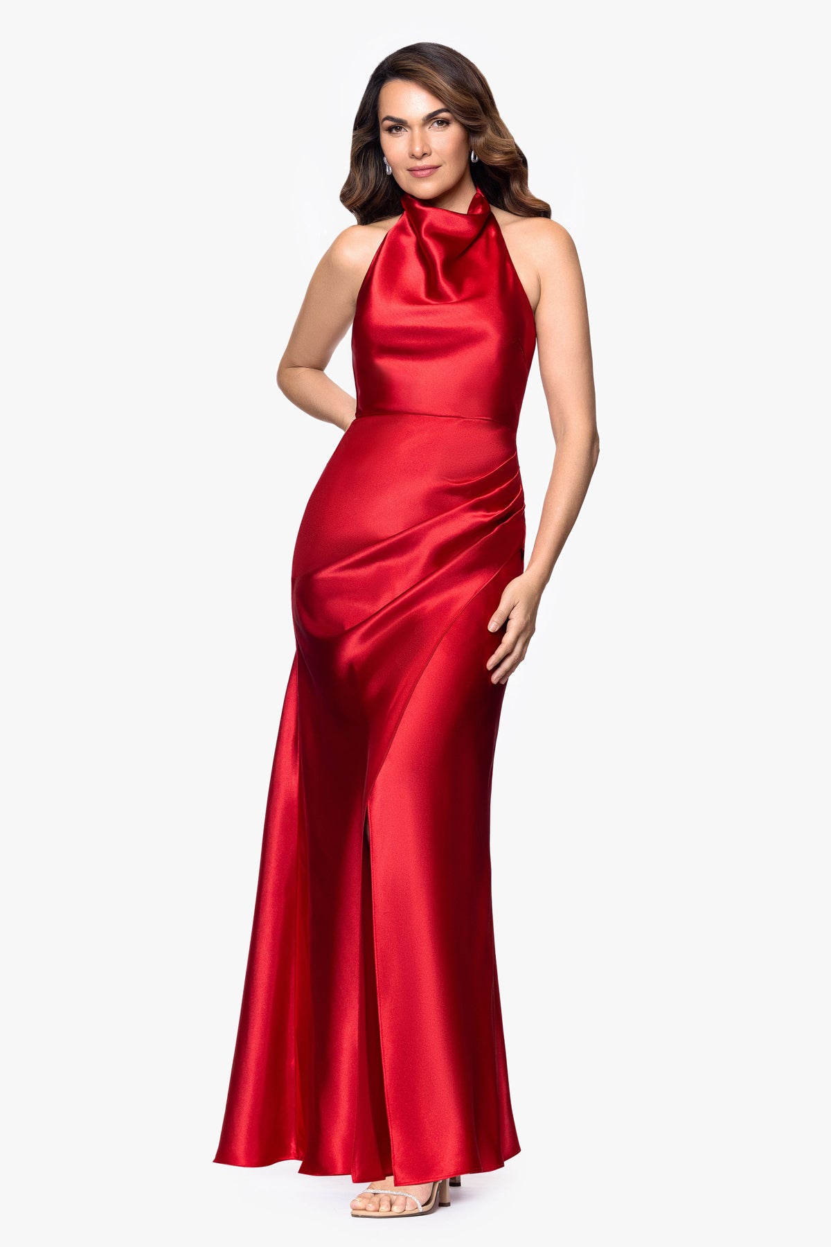 Betsy & Adam "Antonia" Satin Cowl Halter Neck Ruched Dress - Red