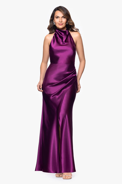 Betsy & Adam "Antonia" Satin Cowl Halter Neck Ruched Dress - Plum