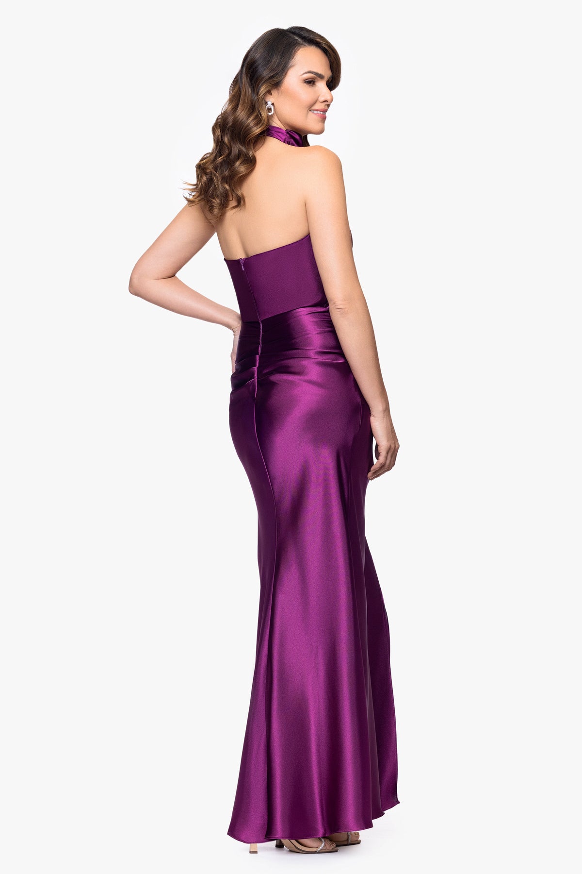 Betsy & Adam "Antonia" Satin Cowl Halter Neck Ruched Dress - Plum