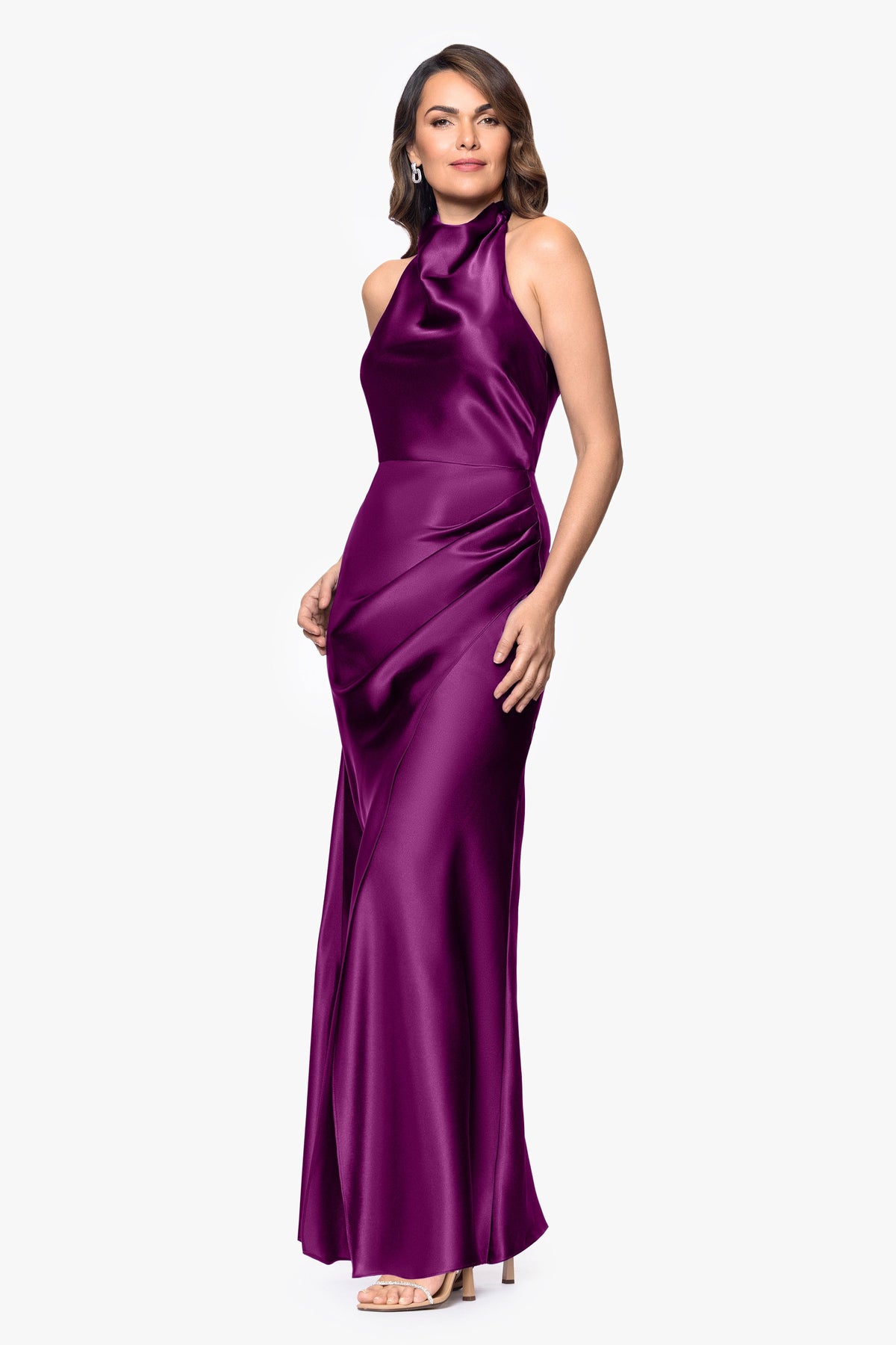 Betsy & Adam "Antonia" Satin Cowl Halter Neck Ruched Dress - Plum