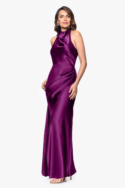 Betsy & Adam "Antonia" Satin Cowl Halter Neck Ruched Dress - Plum