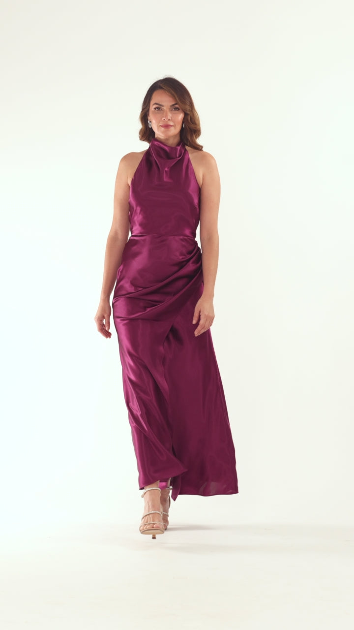 Betsy & Adam "Antonia" Satin Cowl Halter Neck Ruched Dress - Plum