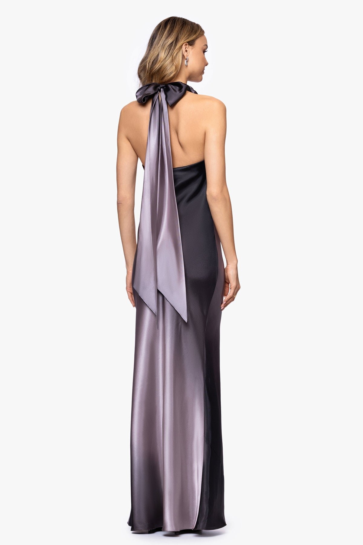 Betsy & Adam "Alina" Ombre Satin Cowl Tie Neck Dress - Gray/Gunmetal