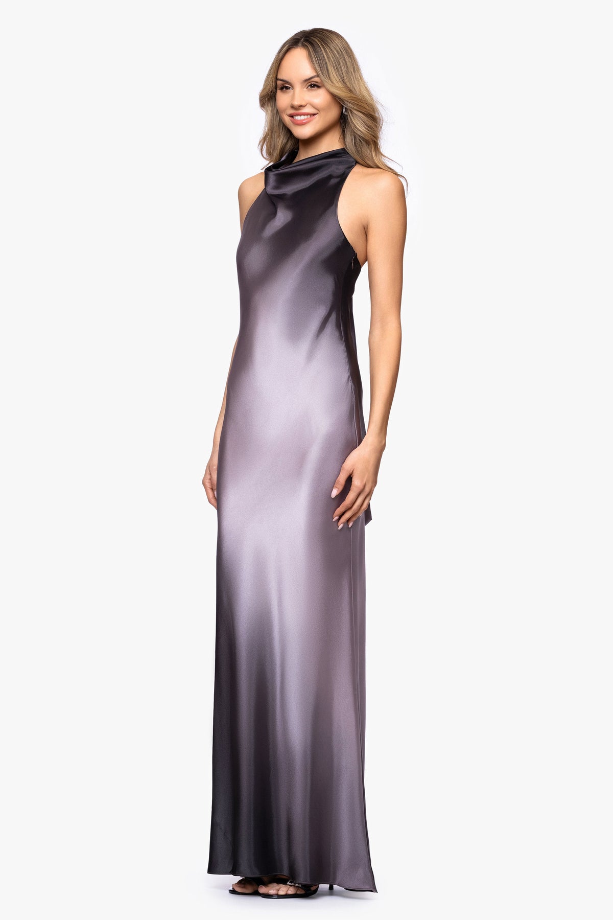 Betsy & Adam "Alina" Ombre Satin Cowl Tie Neck Dress - Gray/Gunmetal