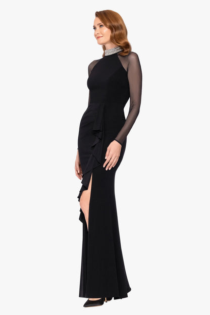 Betsy & Adam "Monique" Jersey Knit & Mesh Long Sleeve Dress - Black
